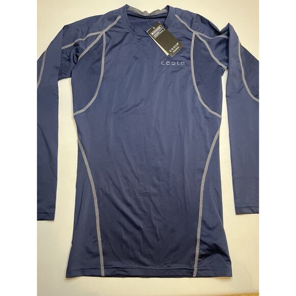 Tesla Men’s Long Sleeve Compression Shirt Navy Blue Gray Stitching Sz Small NWTS - Picture 2 of 9